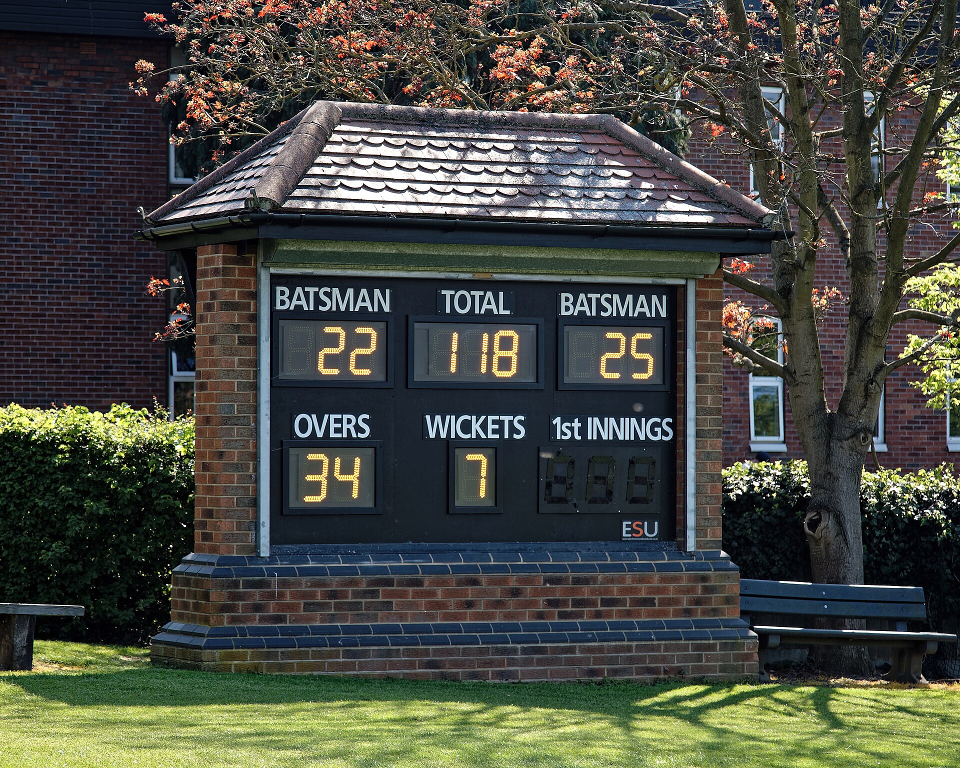 Loughton Cricket Club ground scoreboard at Loughton, Essex, England